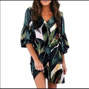 Belongsci Tropical Print Green A-Line Dress with Bell Sleeves NEW Size XL